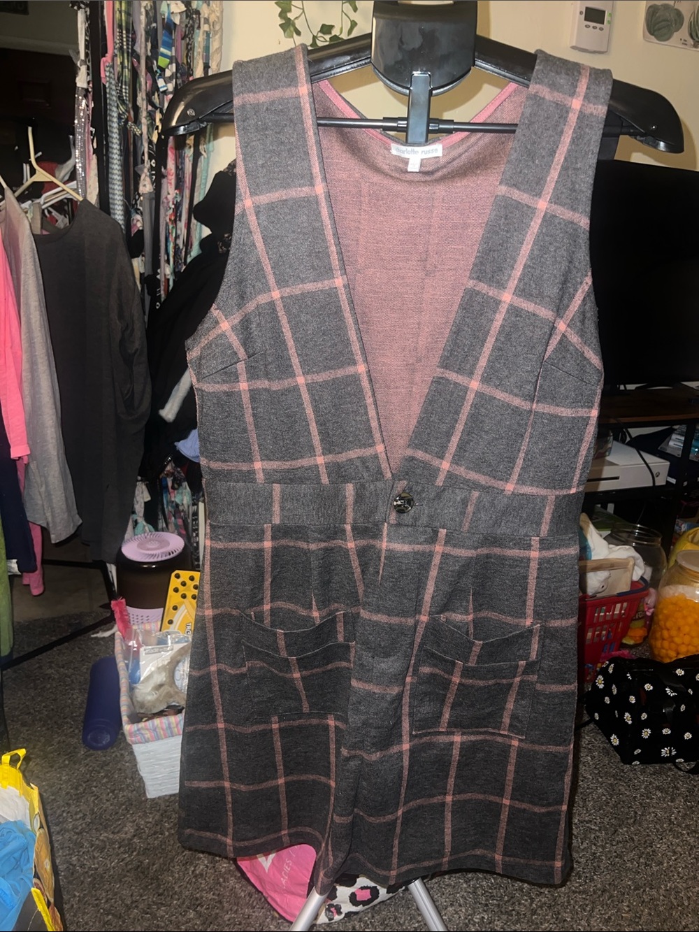 Charlotte Russe Gray and Pink Windowpane Sleeveless Knit Dress